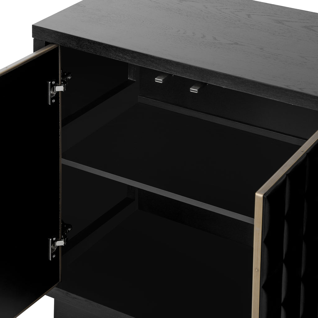 Close-up of interior shelving in 4-Door Storage Cabinet, showing adjustable shelf and durable black finish.