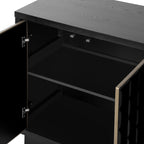 Close-up of interior shelving in 4-Door Storage Cabinet, showing adjustable shelf and durable black finish.