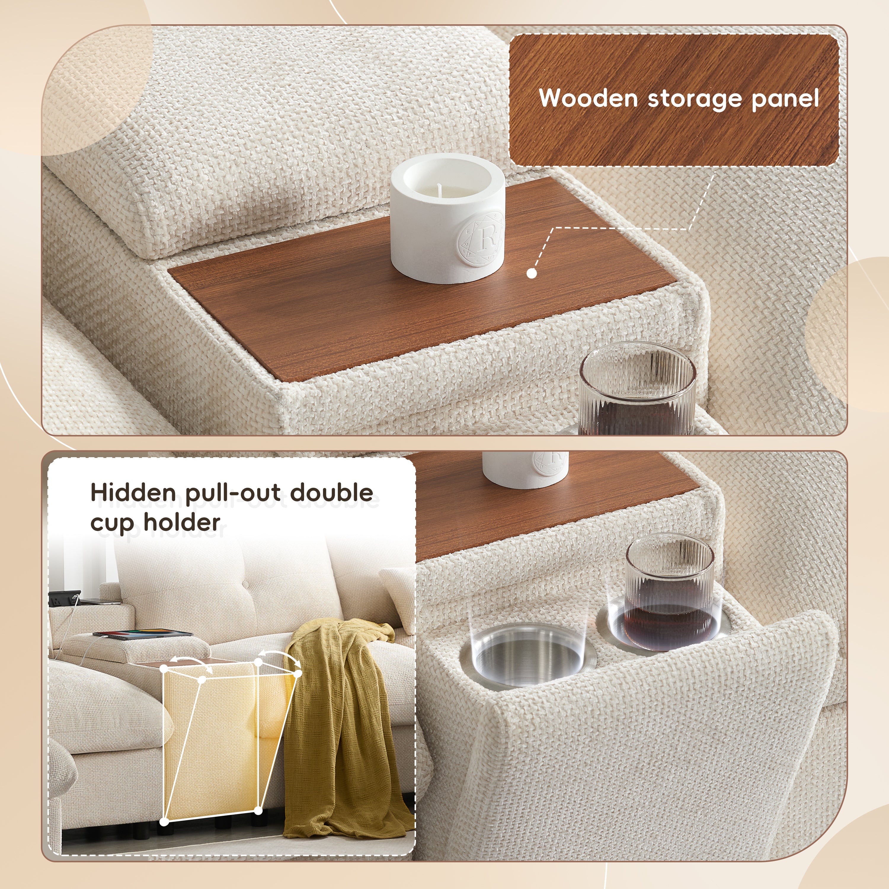 Close-up of modular sofa's wooden storage panel and hidden pull-out double cup holder for added convenience.