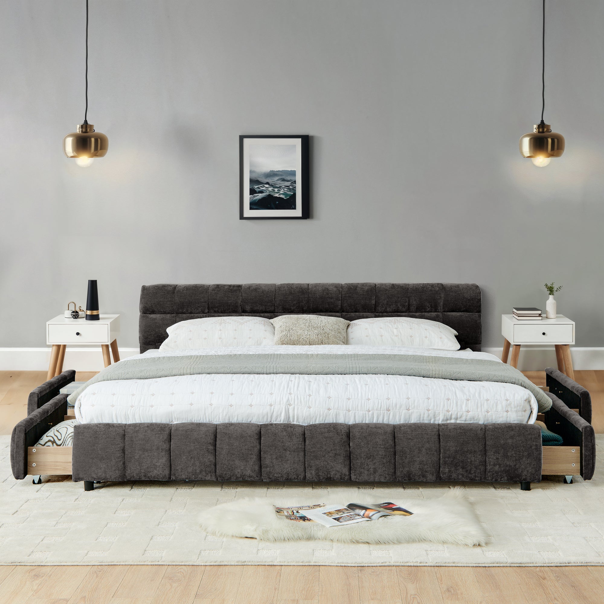 Front view of California King upholstered bed with storage drawers extended, showcasing dark gray fabric and modern bedroom decor.