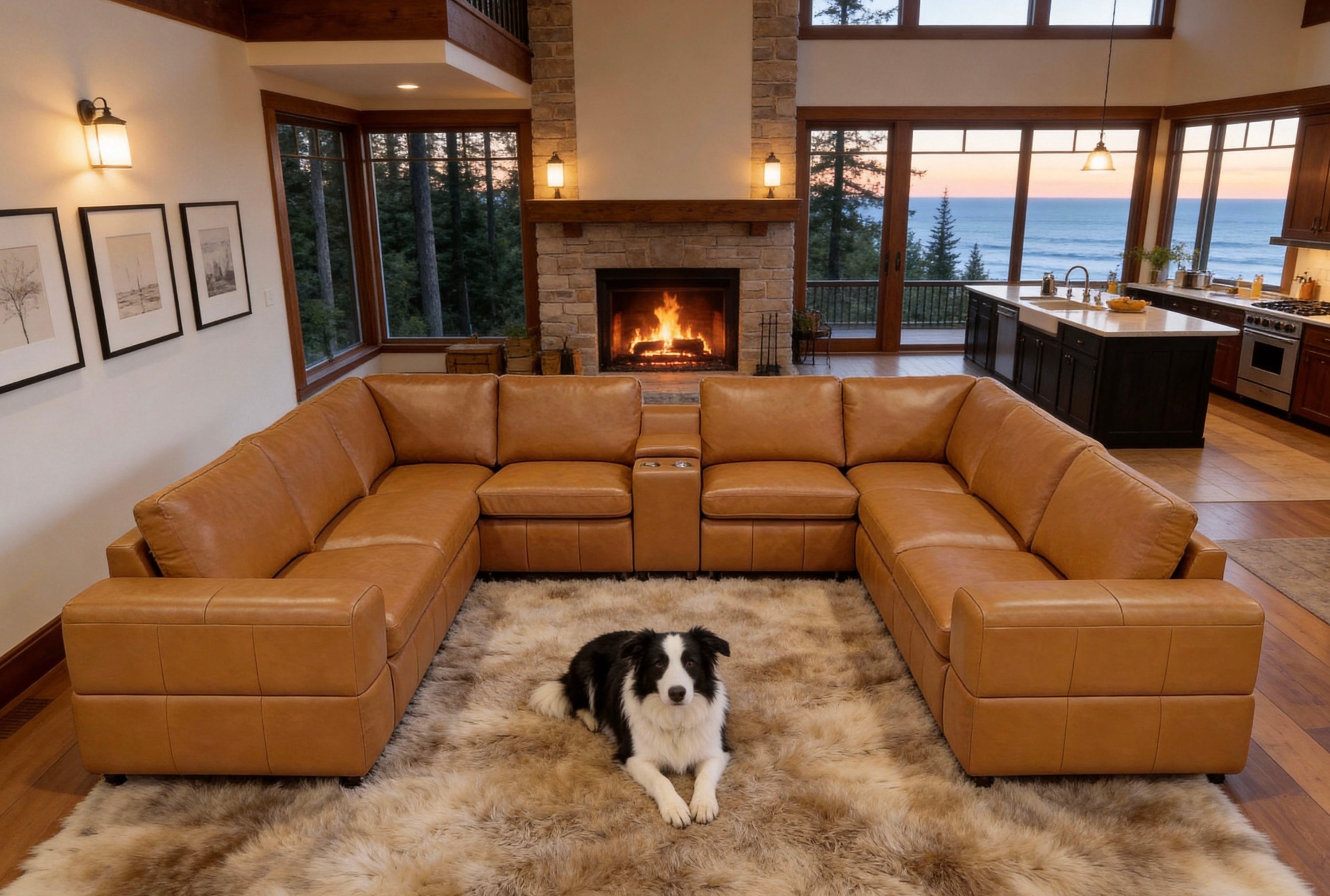 Ginger Leather Match 8-Seater Modular Sectional with Large Arms