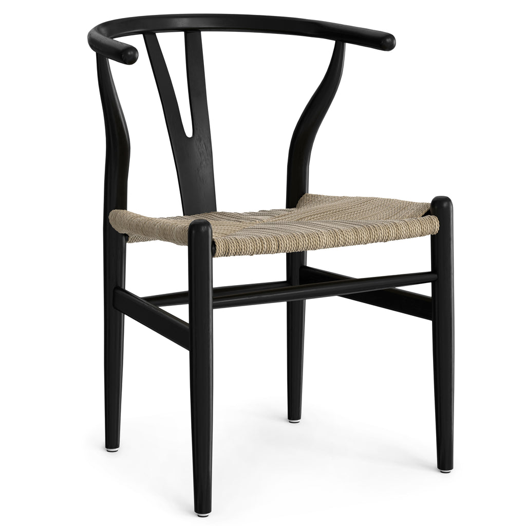 Dining chair from set of 2 in matte black beech wood with ergonomic Y-back and handwoven seat, ideal for modern dining spaces.