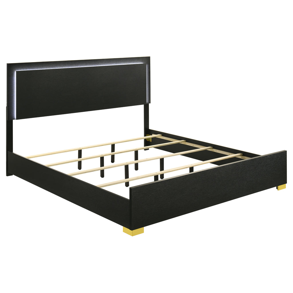 Modern black engineered wood eastern king bed frame featuring a built-in LED headboard and elegant gold accent feet.