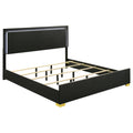 Modern black engineered wood eastern king bed frame featuring a built-in LED headboard and elegant gold accent feet.