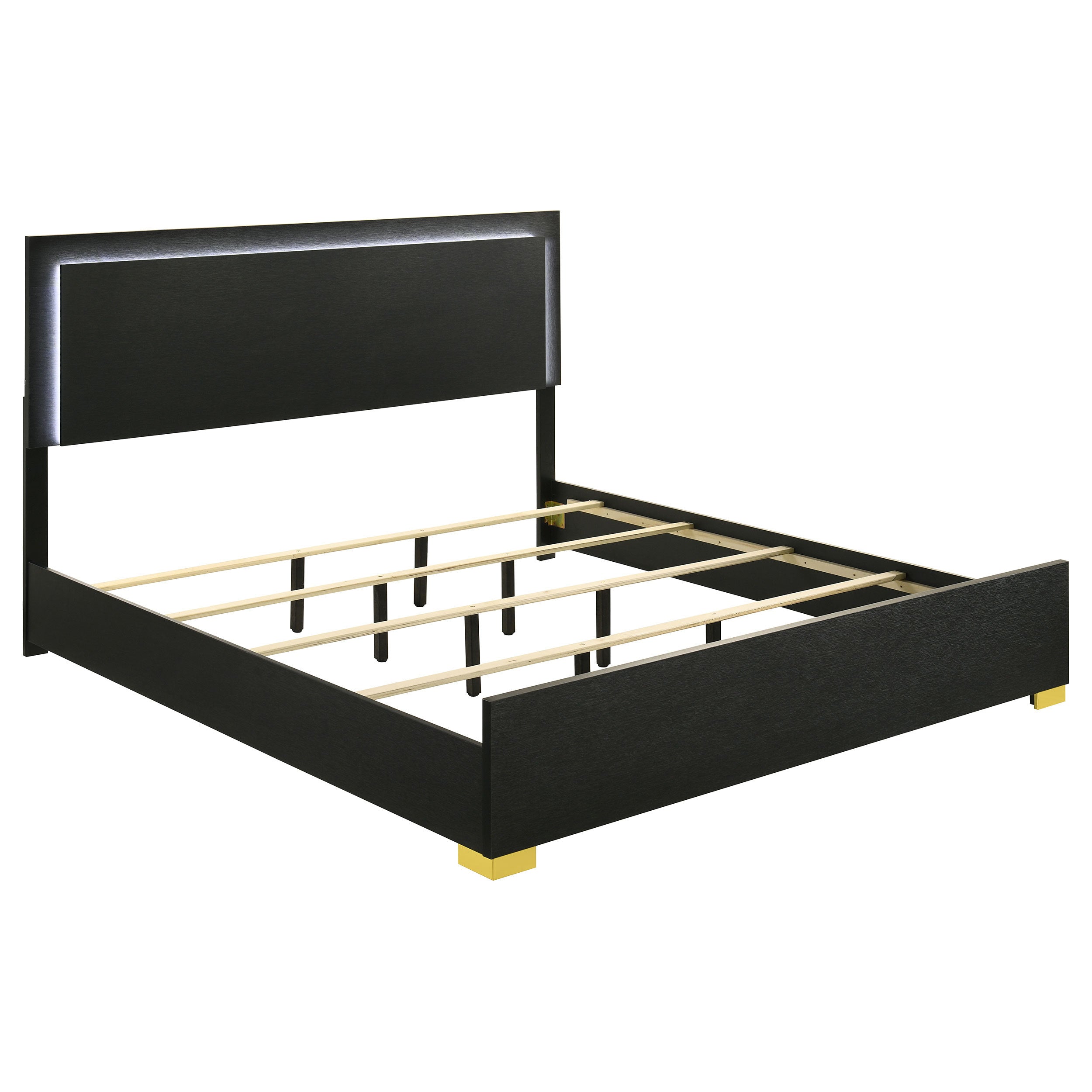 Modern black engineered wood eastern king bed frame featuring a built-in LED headboard and elegant gold accent feet.