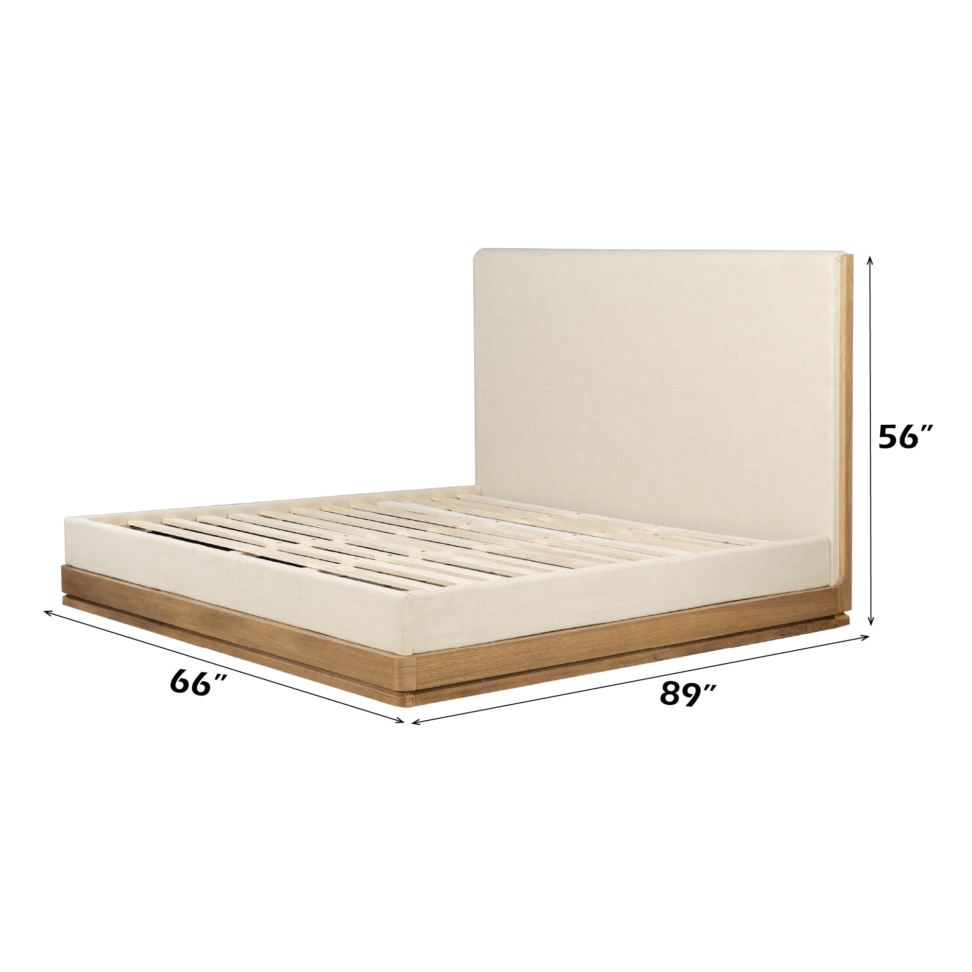 Zoey Beige Fabric Oak Queen Bed dimensions: 66 inches wide by 89 inches long with 56-inch tall headboard. Sturdy oak frame and fabric upholstery.