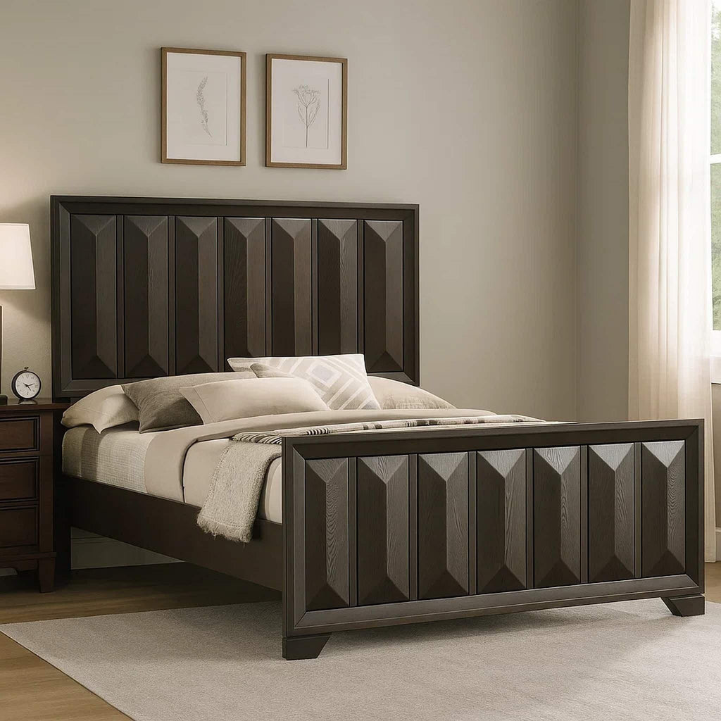 Espresso Queen Size Bed with Vertical Faceted Design.