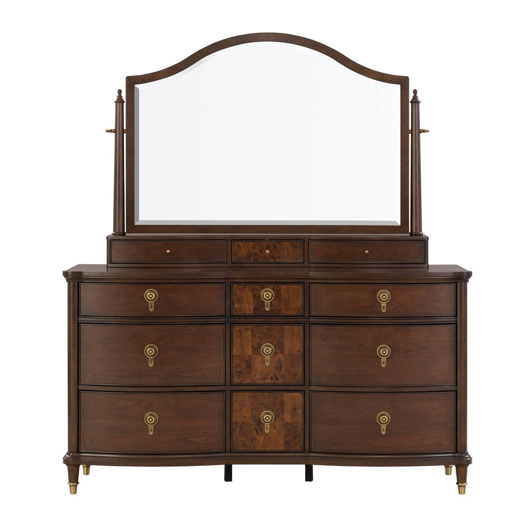 Transitional Dresser with Gold Capped Legs in Dark Cherry.