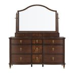 Transitional Dresser with Gold Capped Legs in Dark Cherry.