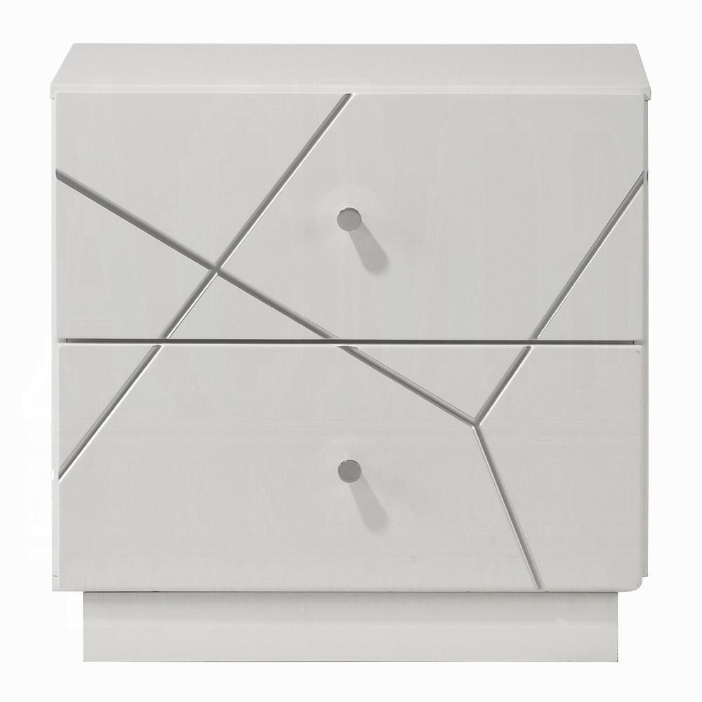 Modern White Nightstand with 2 Drawers and Embossed Design.