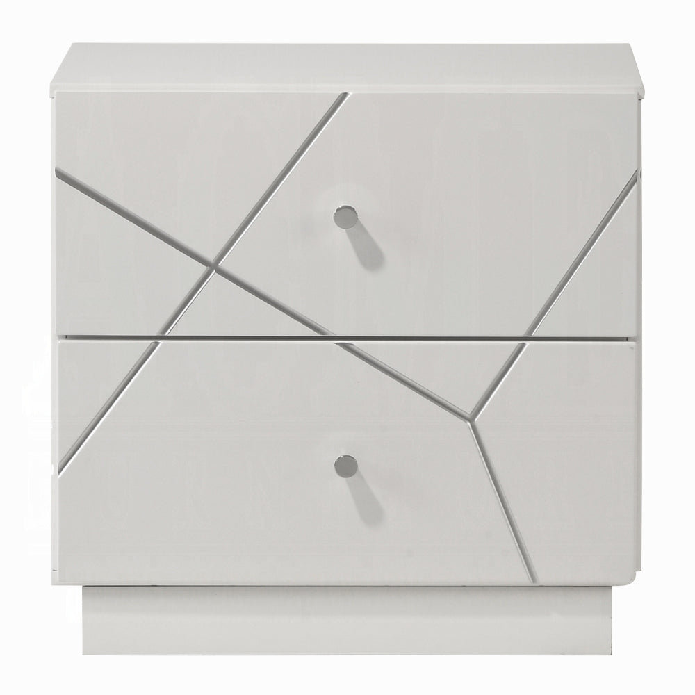 Front view of Modern White Nightstand - 2 Drawers with embossed design and sleek chrome knobs for contemporary bedroom decor.