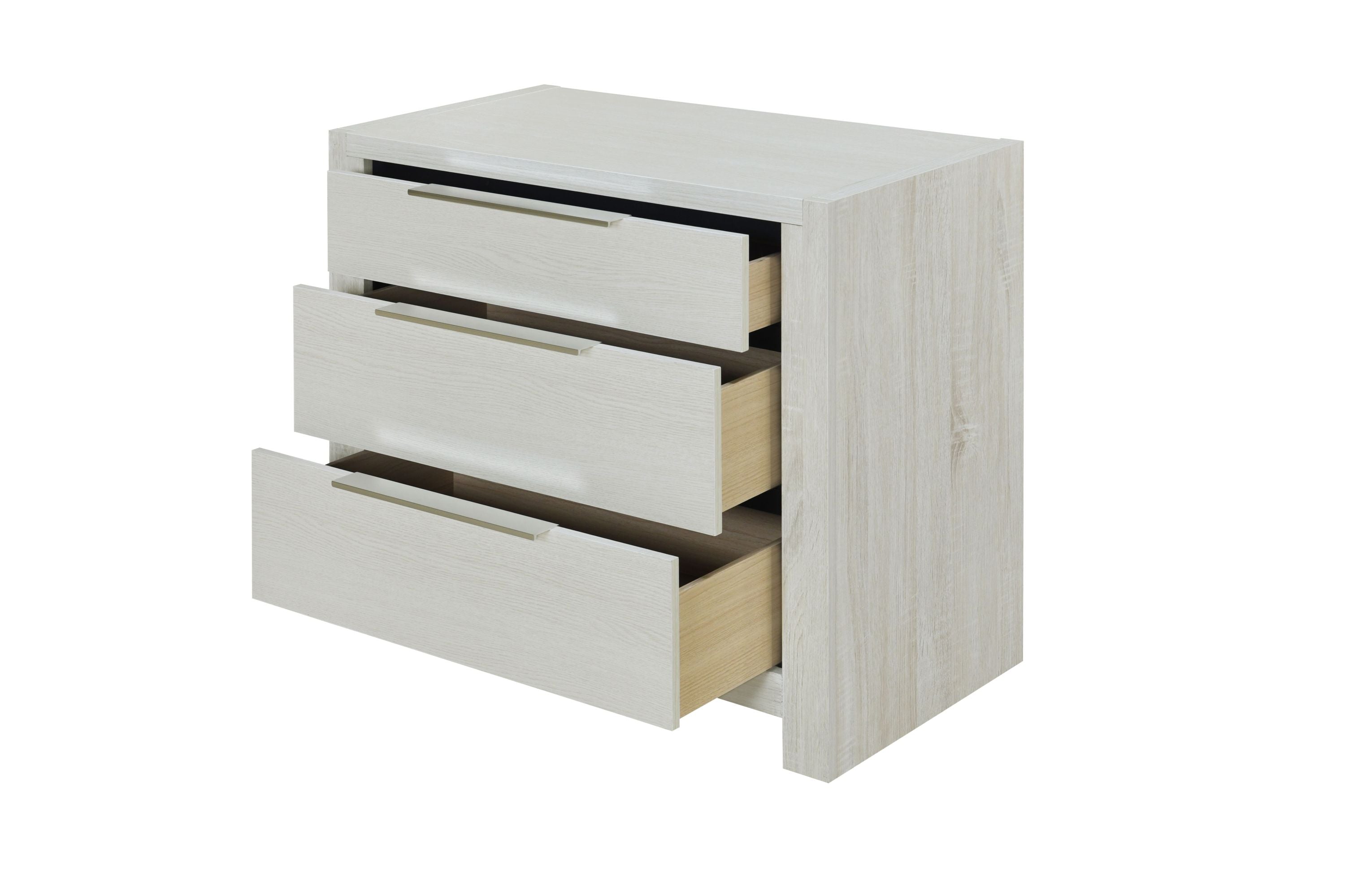 Jehoram Beige Nightstand - Synthetic Wood with 3 drawers open, showcasing storage depth and modern design.