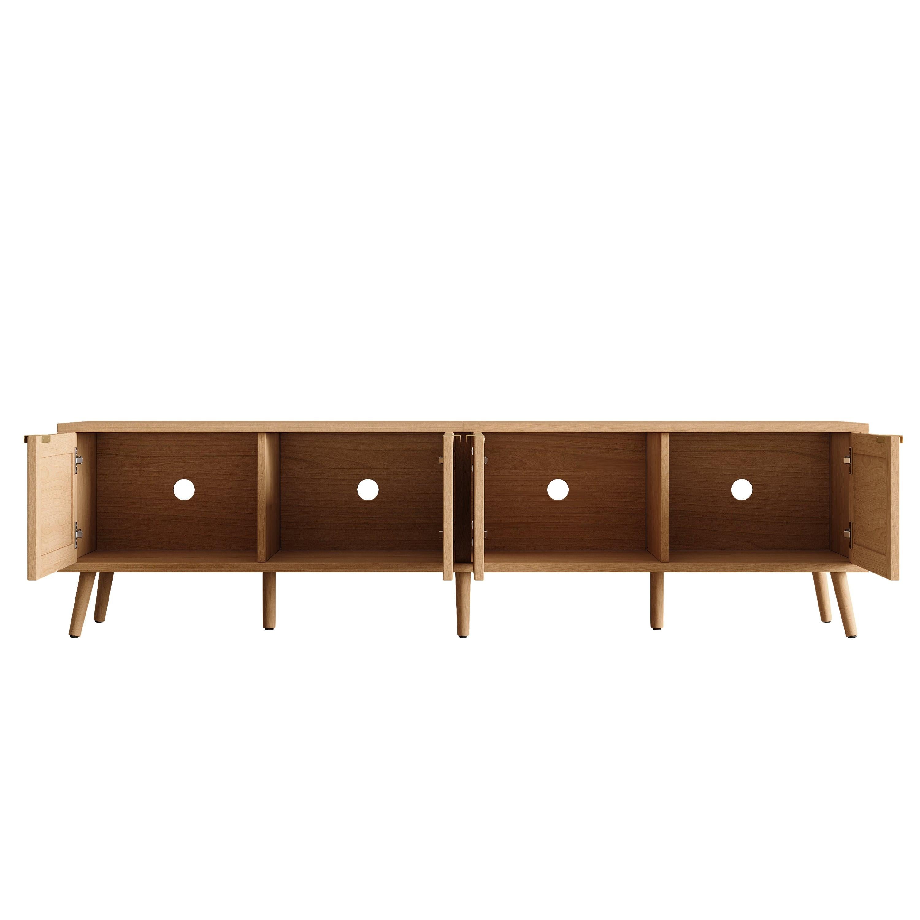 Modern TV Stand with Rattan Doors for 80in TVs.