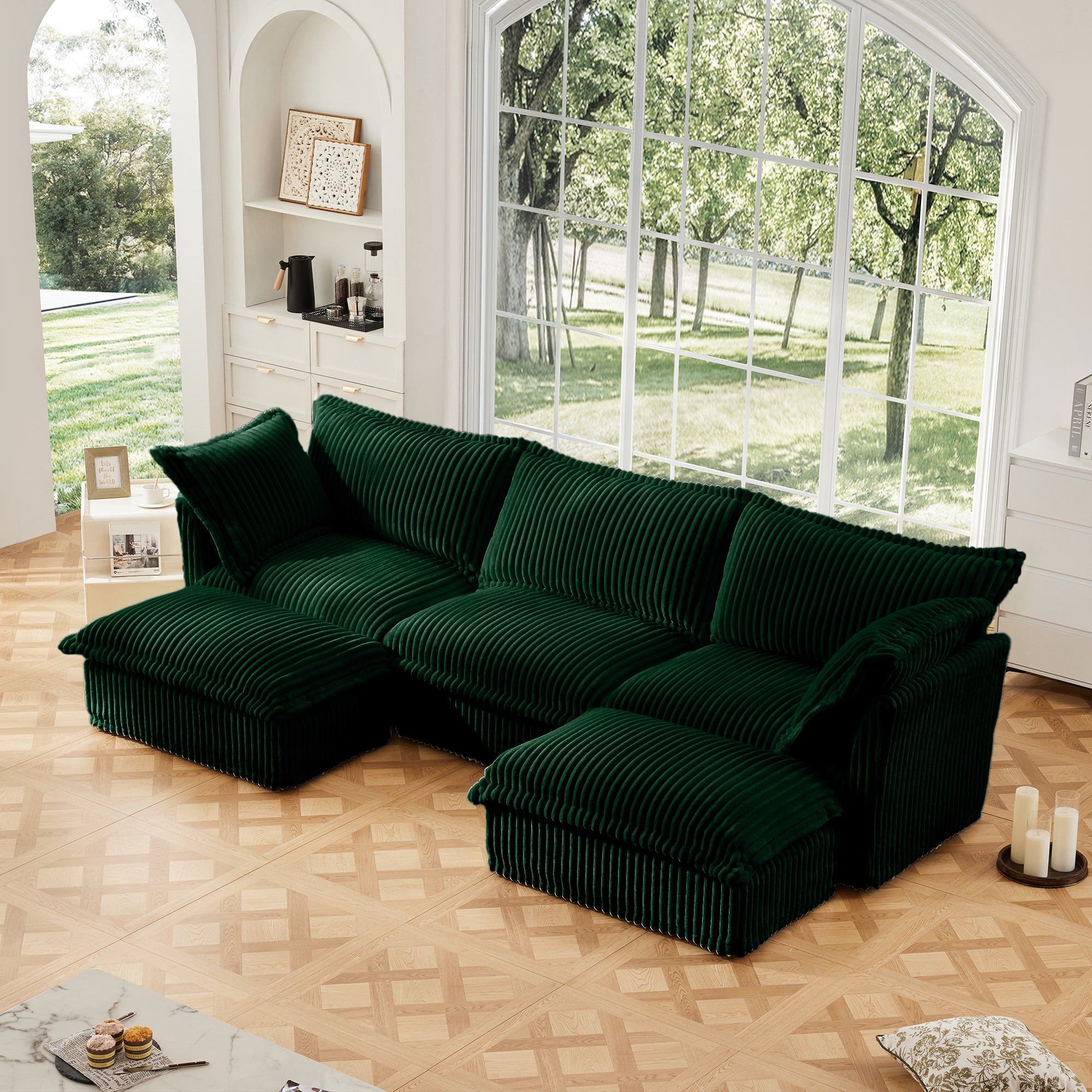 Green Corduroy 3-Seater Slipcovered Deep Seat Cloud Sofa