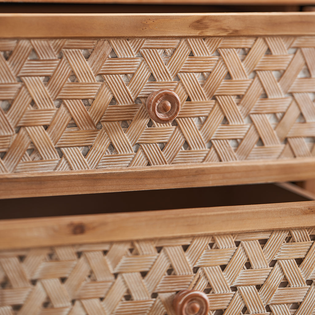 Close-up of rattan drawer fronts with round wooden knobs on the Mid Century TV Stand with Storage and Doors.