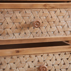 Close-up of rattan drawer fronts with round wooden knobs on the Mid Century TV Stand with Storage and Doors.
