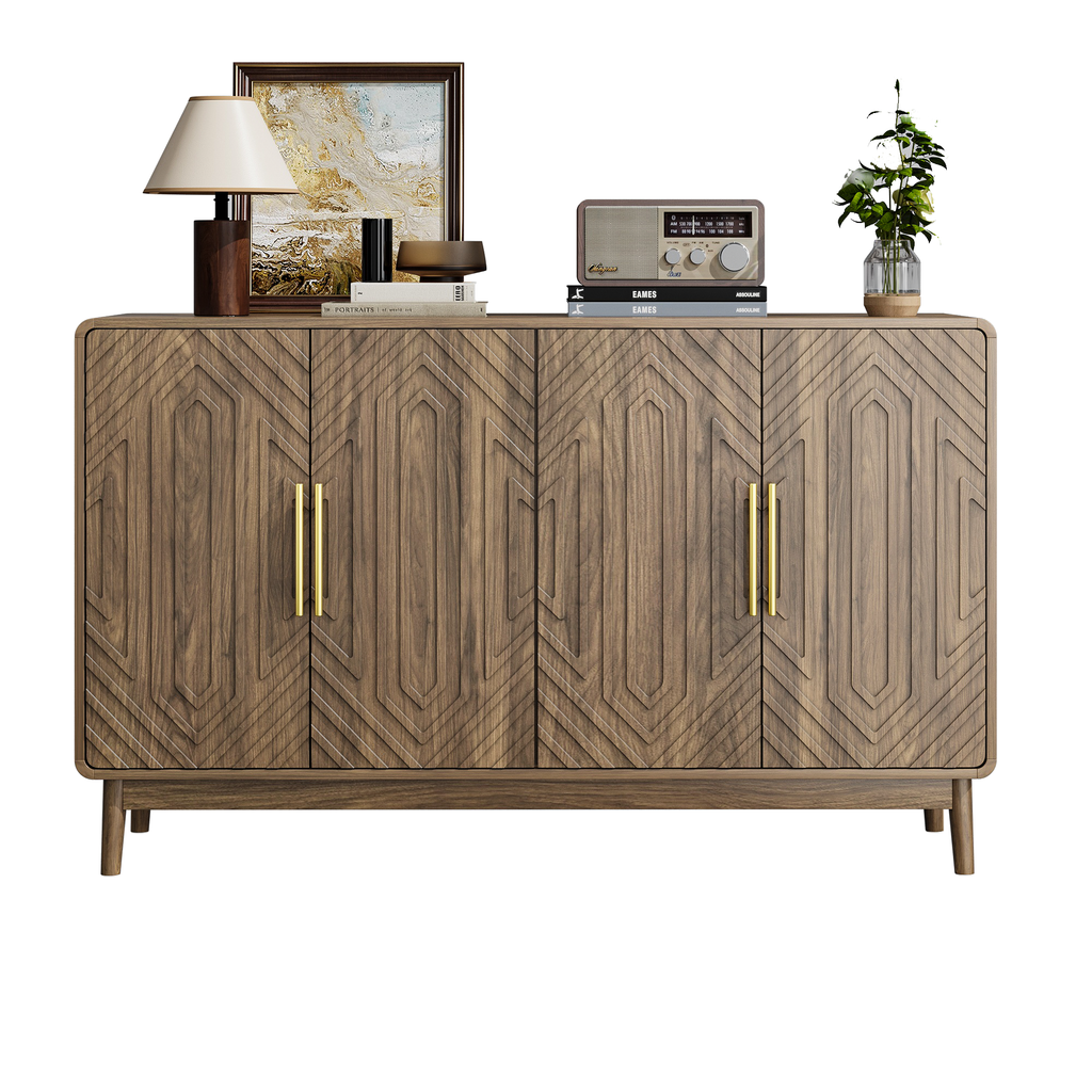 Walnut sideboard with storage featuring geometric wood grain doors and gold handles, styled with decor items on top. Modern buffet with adjustable shelves.
