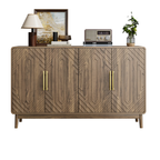 Walnut sideboard with storage featuring geometric wood grain doors and gold handles, styled with decor items on top. Modern buffet with adjustable shelves.