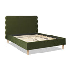 Stockholm Modern Wavy Headboard Platform Bed, Queen, Olive Green Performance Velvet.