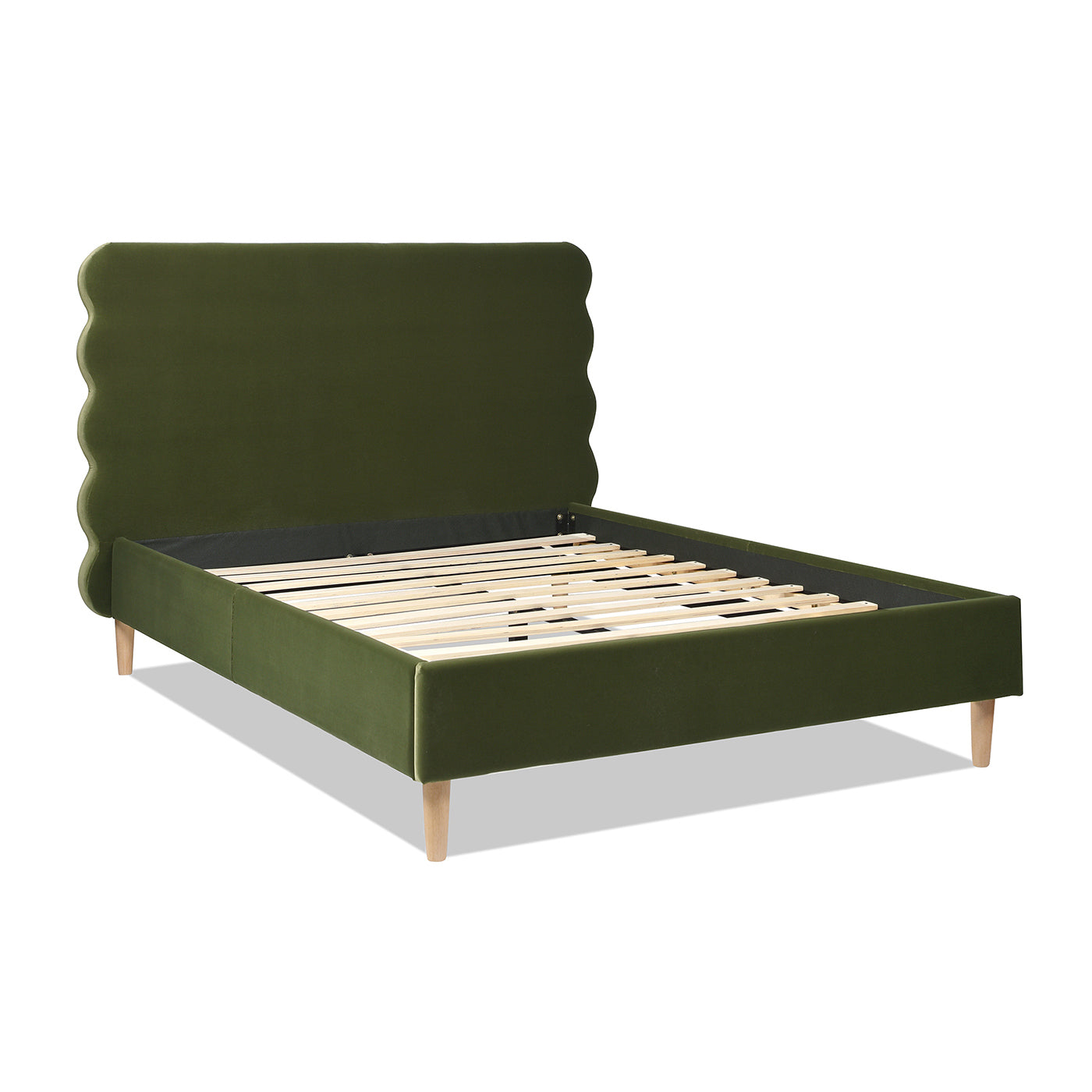 Angled view of the Stockholm Modern Wavy Headboard Platform Bed in queen size, featuring olive green velvet and wooden slat base.