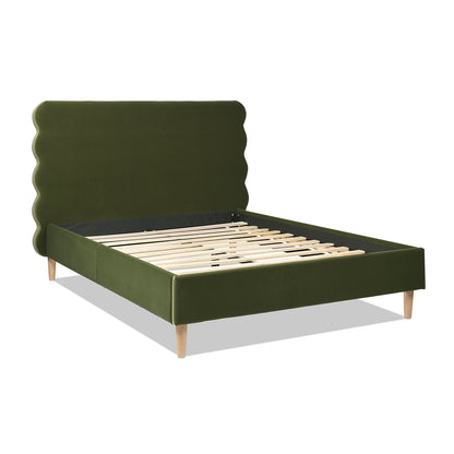 Angled view of the Stockholm Modern Wavy Headboard Platform Bed in queen size, featuring olive green velvet and wooden slat base.