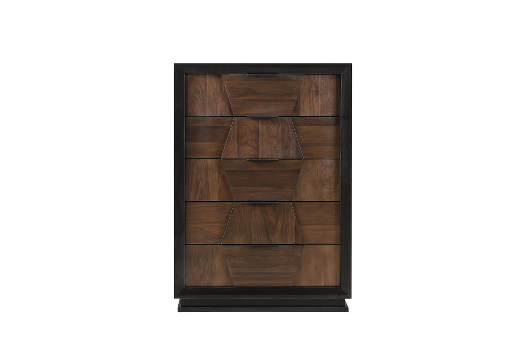 Front view of Houston 5-Drawer Chest - Walnut featuring symmetrical drawer layout and sleek black trim for contemporary bedrooms.