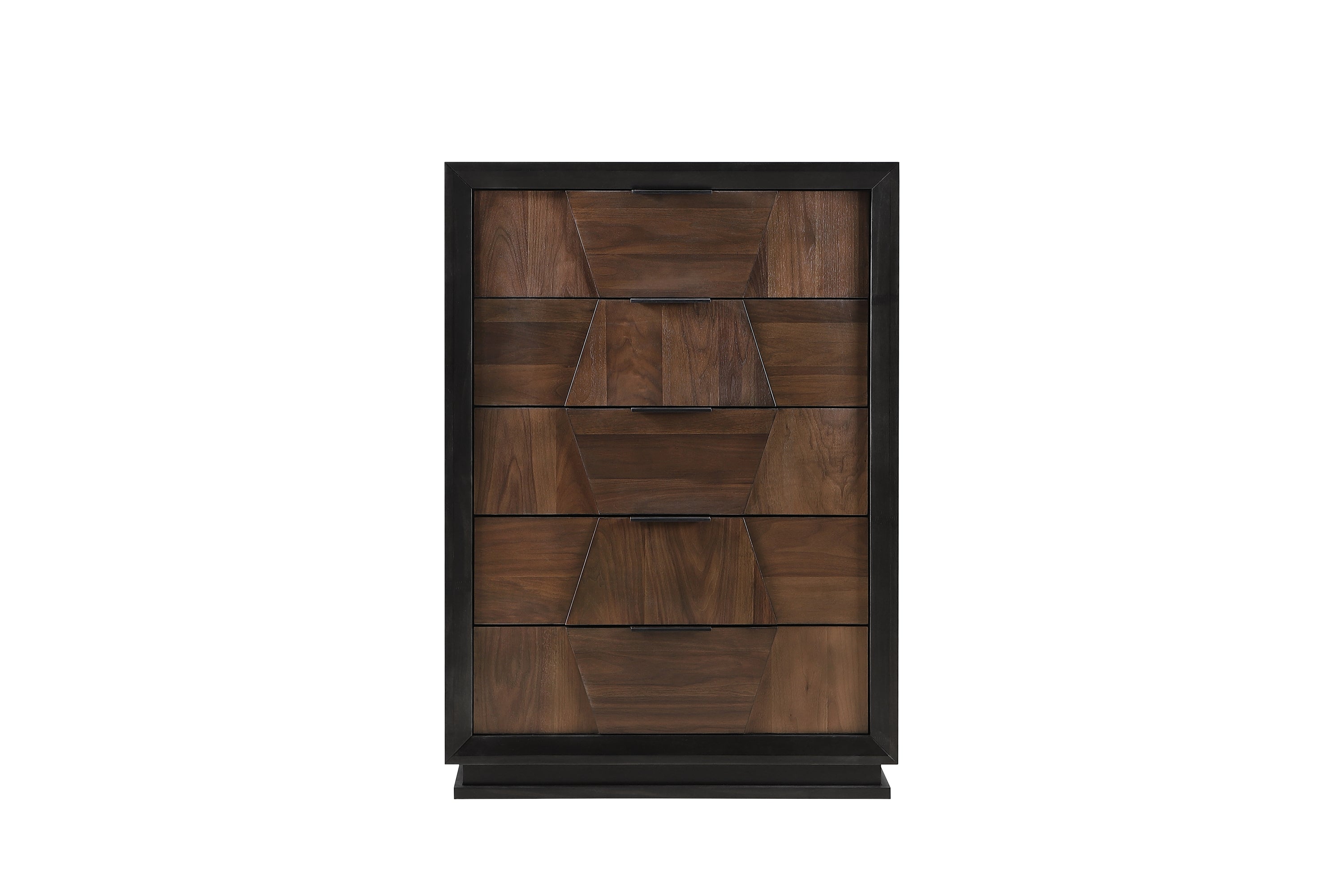 Front view of Houston 5-Drawer Chest - Walnut featuring symmetrical drawer layout and sleek black trim for contemporary bedrooms.