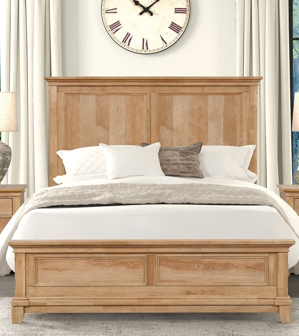 King size bed in farmhouse oak finish with solid wood frame, styled in a cozy bedroom with matching nightstands and neutral bedding.