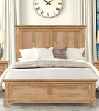 Oak finish farmhouse full size bed with plank headboard styled in a cozy bedroom setup, showcasing its timeless solid wood design.