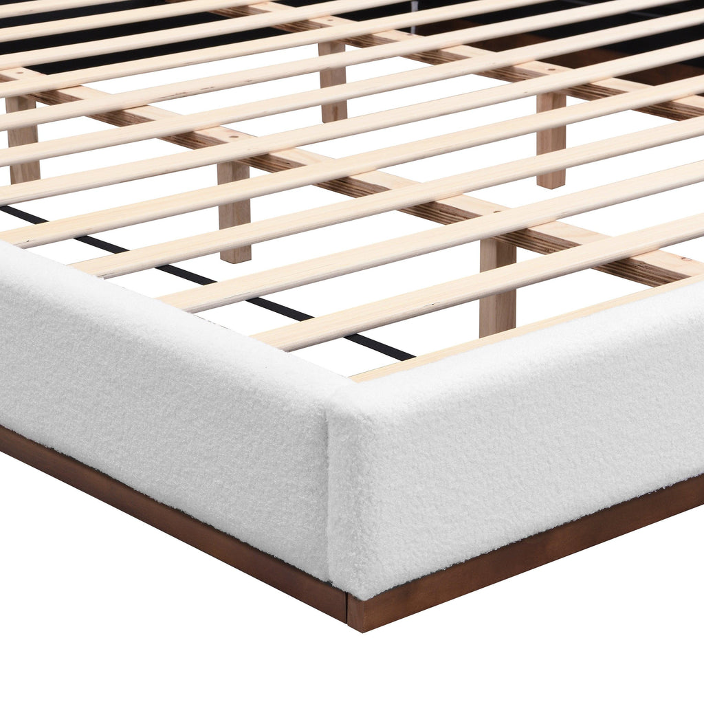 White Boucle Upholstered Bed - King Size with Solid Wood Frame.