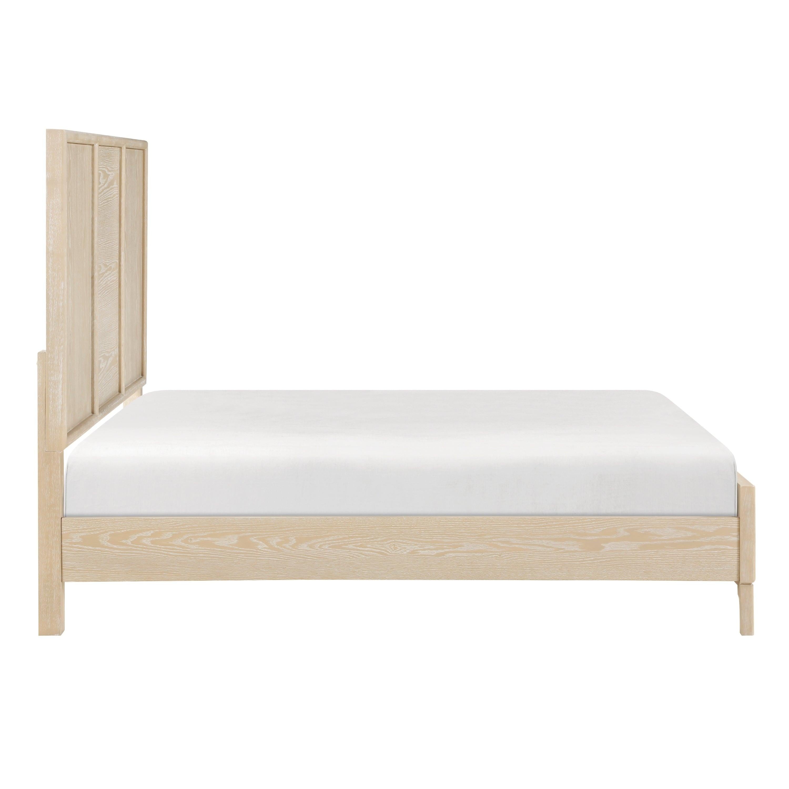 Queen Size Panel Bed - Light Brown Wooden Bedroom Furniture.