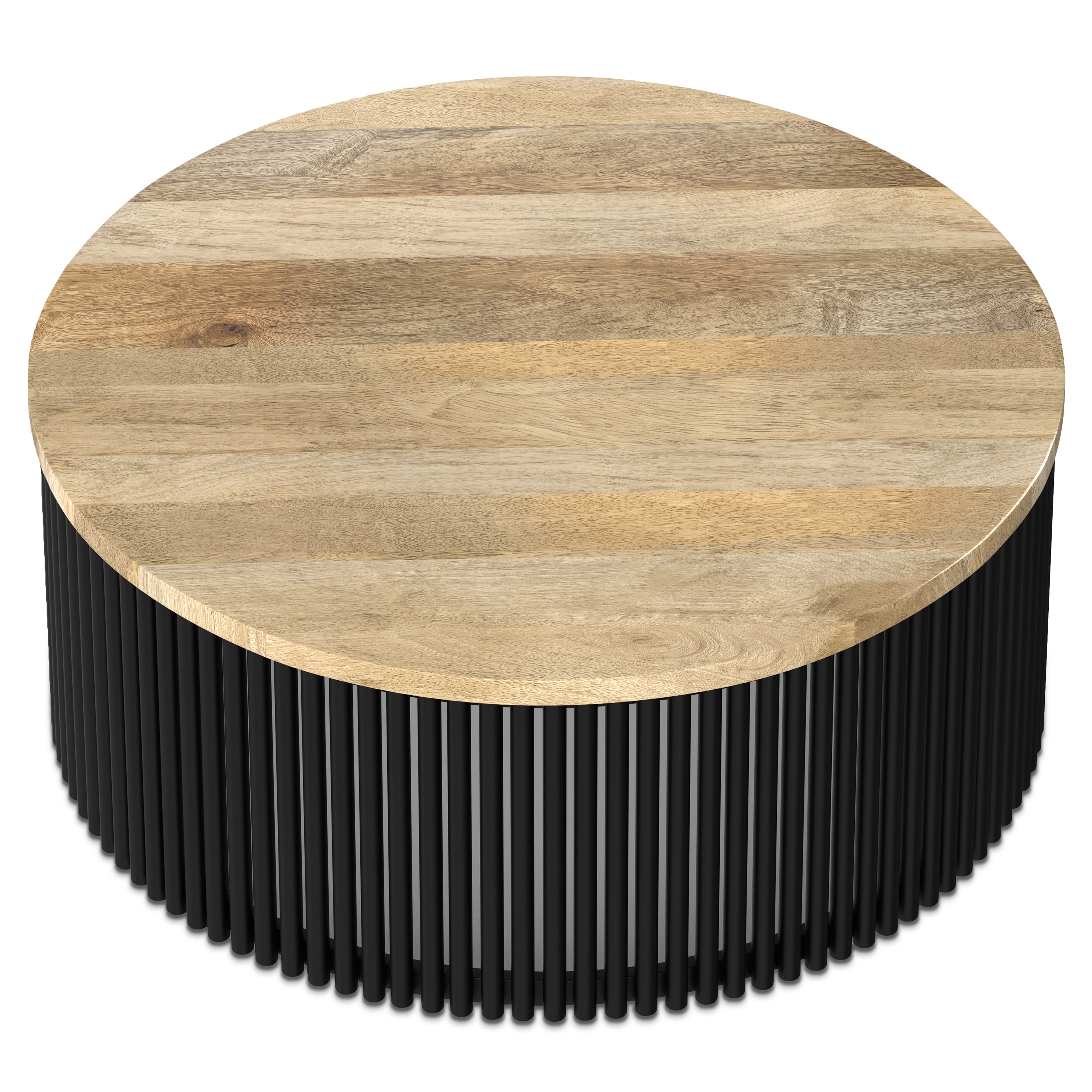 Angled view of Demy Coffee Table featuring a handcrafted mango wood top and modern black metal slatted base.