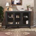 Large storage cabinet with adjustable shelves and 3 glass doors in black and white, styled in a modern living room with decorative accents.