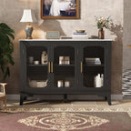 Large storage cabinet with adjustable shelves and 3 glass doors in black and white, styled in a modern living room with decorative accents.