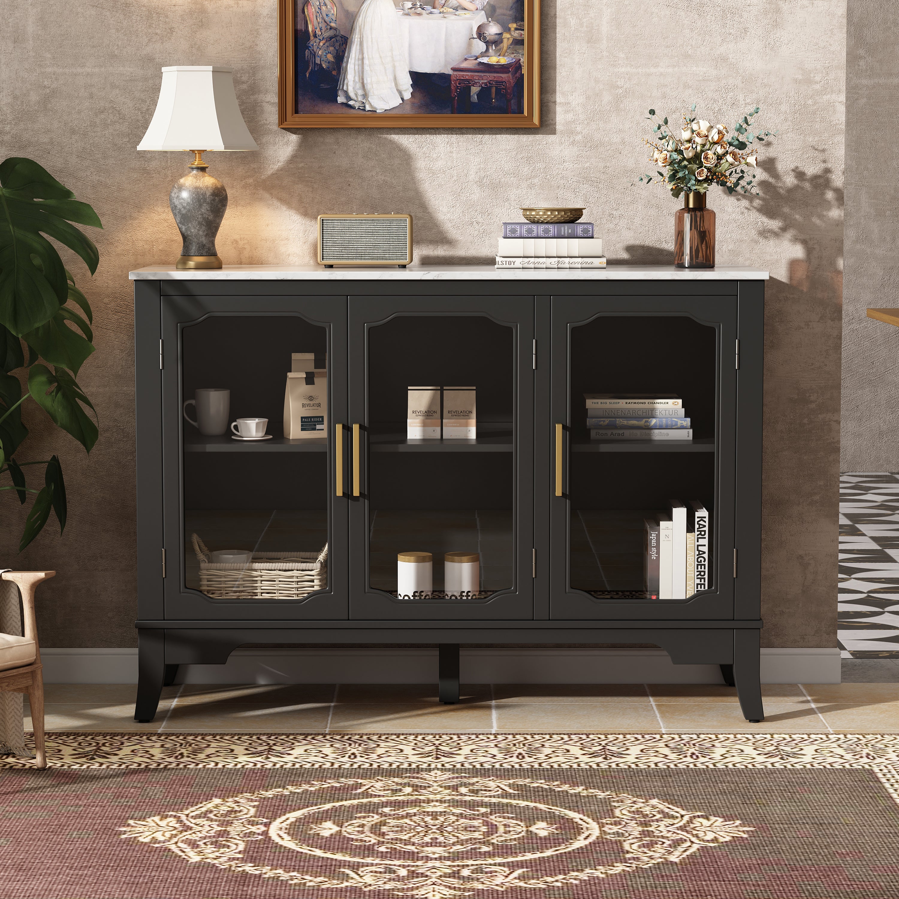 Large storage cabinet with adjustable shelves and 3 glass doors in black and white, styled in a modern living room with decorative accents.