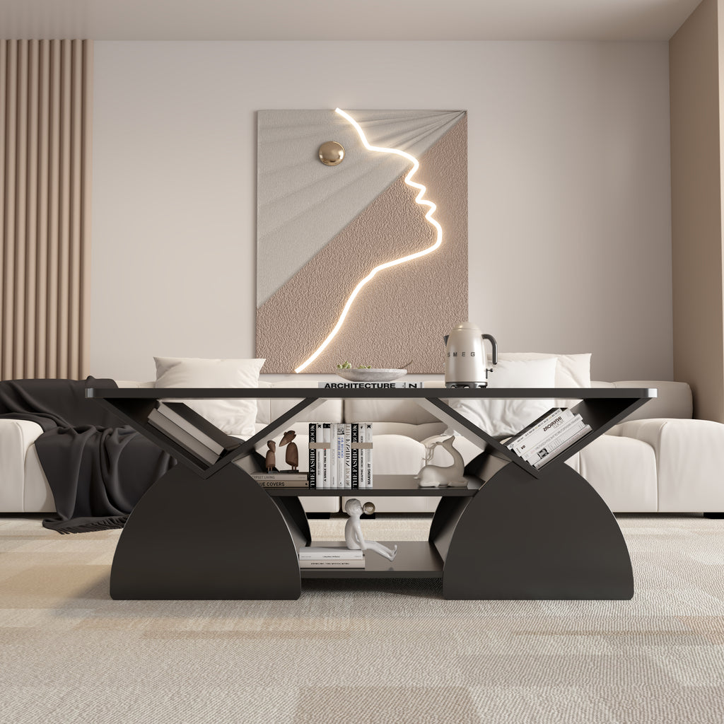 Engineered wood coffee table with modern geometric design and storage, styled in a contemporary living room with wall art.