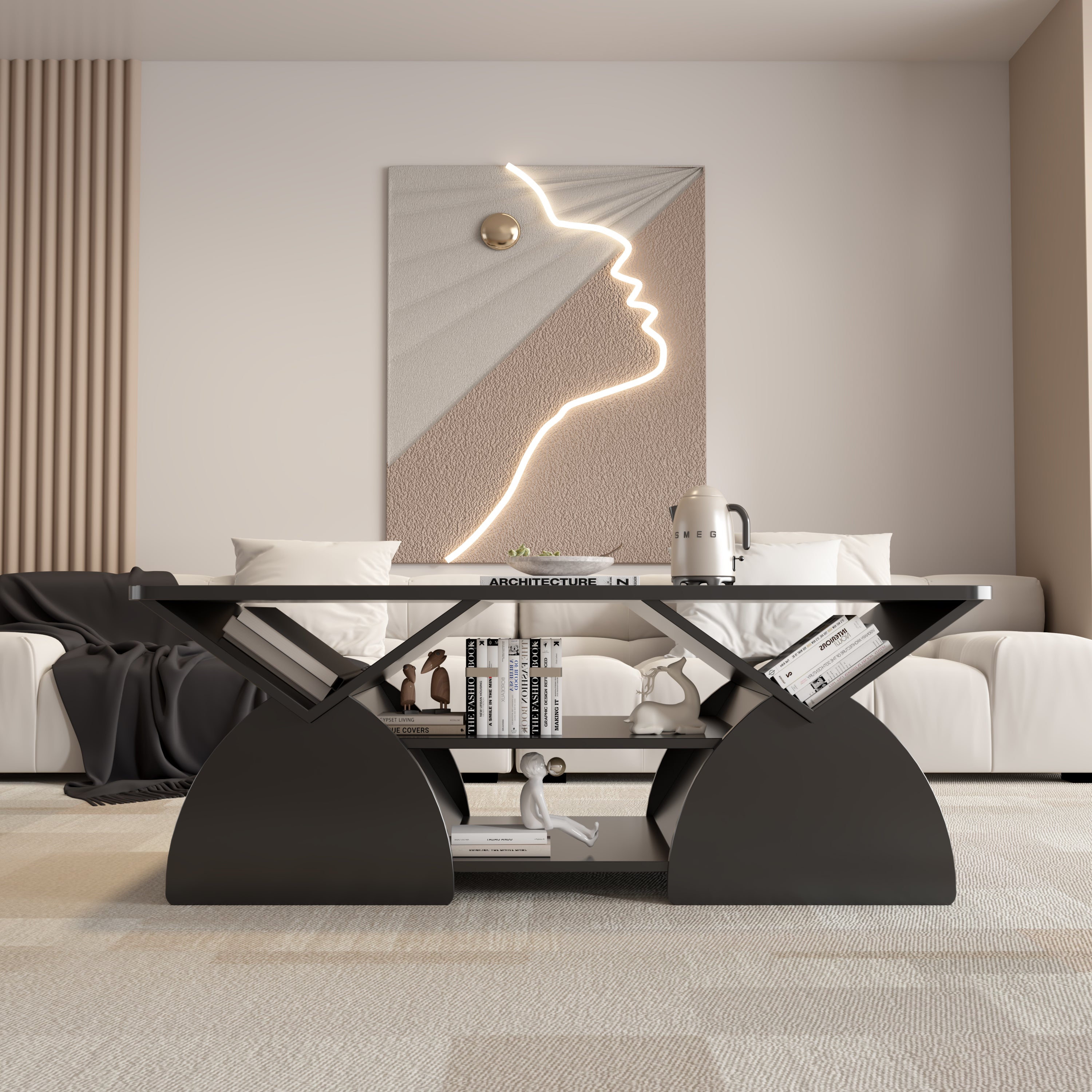 Engineered wood coffee table with modern geometric design and storage, styled in a contemporary living room with wall art.