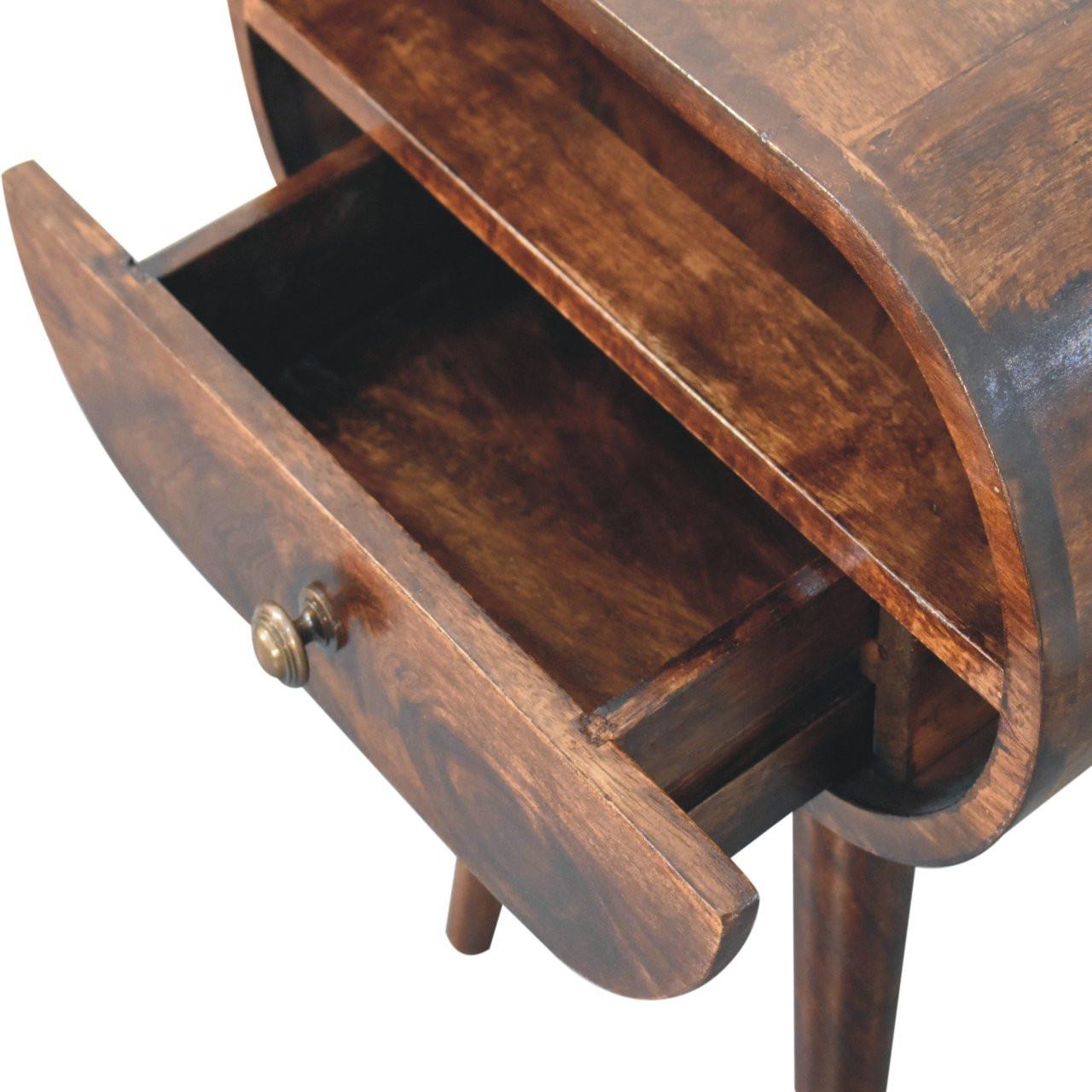 Solid Wood California Walnut Circular Bedside with 1-Drawer, Open Slot, Nordic Legs, Dark Brown.