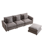 Gray upholstered modular sofa with detached ottoman, includes three seat cushions and four pillows, perfect for flexible home furniture arrangements.