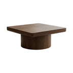 Isolated walnut square coffee table with parquet wood veneer top and cylindrical base, ideal for modern interiors.