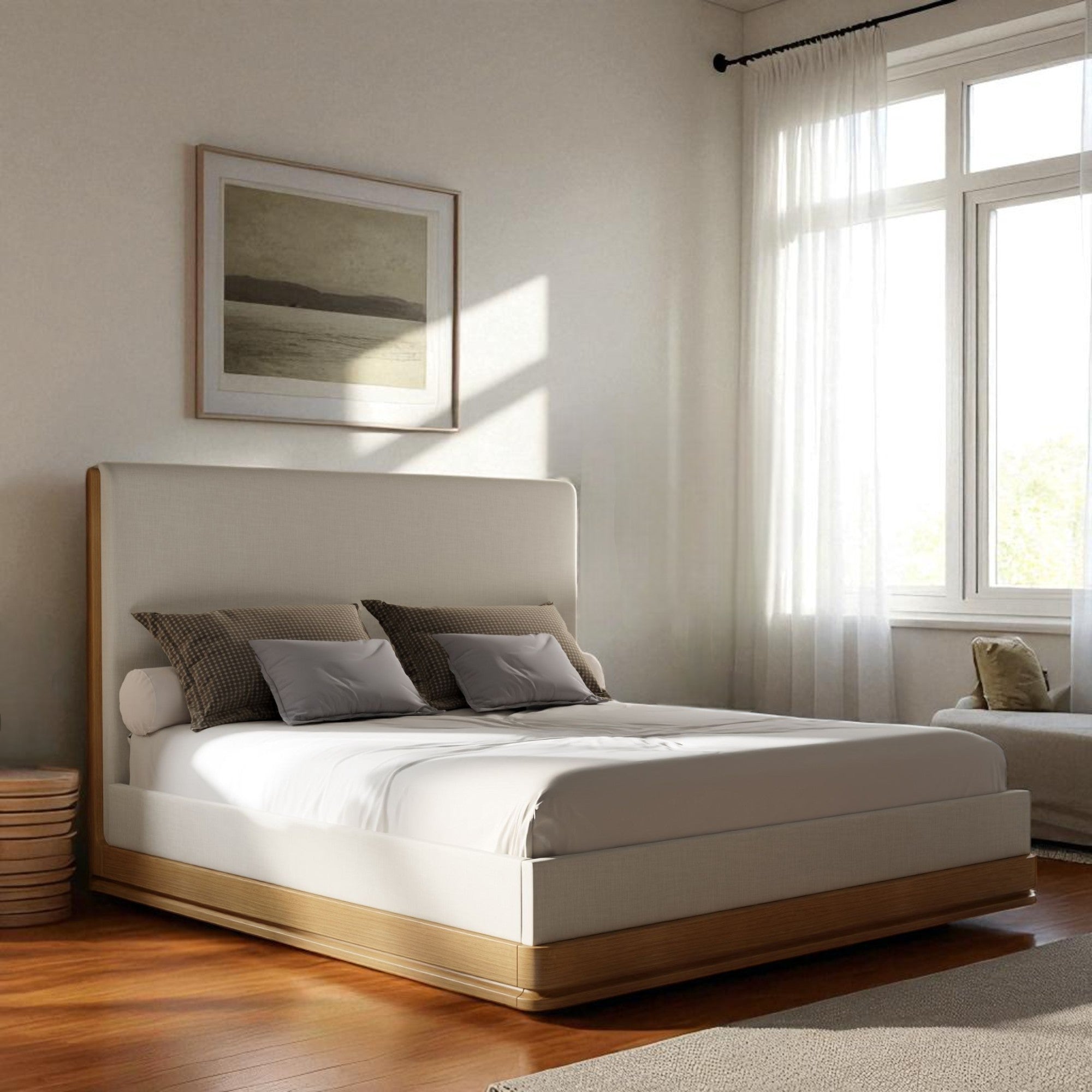 Zoey Beige Fabric Oak Queen Bed in sunlit modern bedroom with high upholstered headboard and oak base. No box spring needed, supports up to 660lbs.
