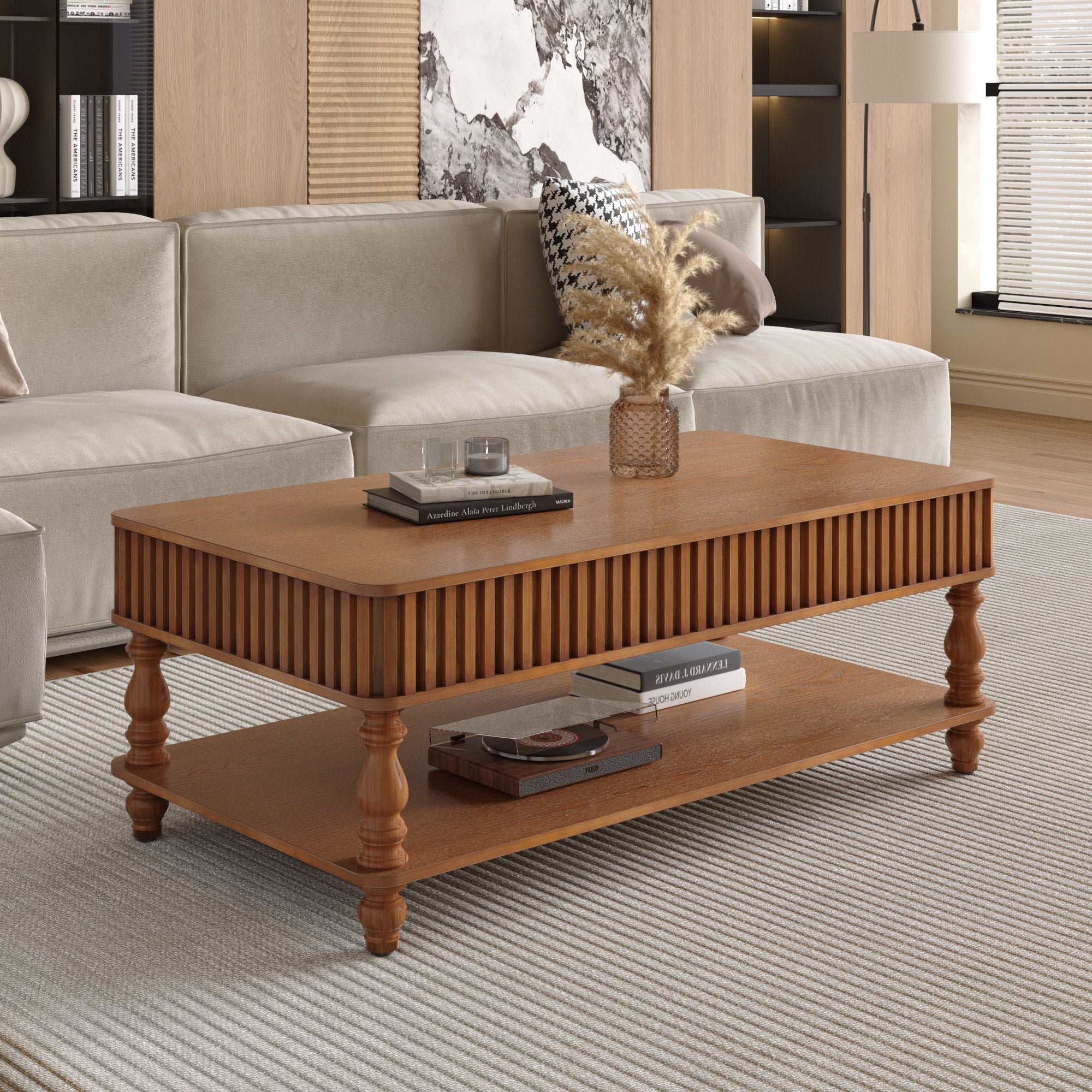 Vintage Brown Lift Top Coffee Table with Storage featuring solid wood design, fluted sides, and lower shelf in modern living room setting.