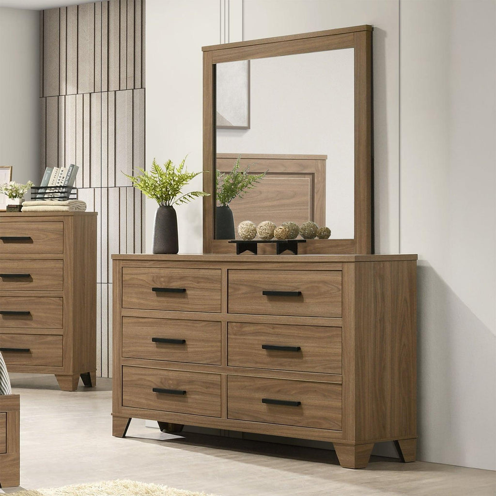 Walnut Dresser with Mirror and Six Drawers.