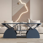 Front view of Blue Geometric Coffee Table - Engineered Wood Design, showcasing open shelving and a bold geometric structure.