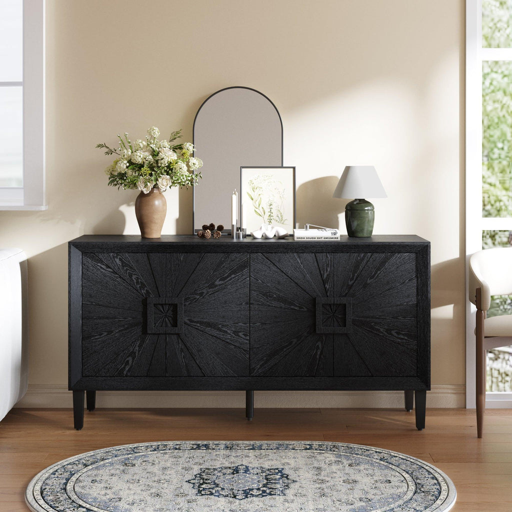 Black Farmhouse Credenza with Sunburst Door Design.