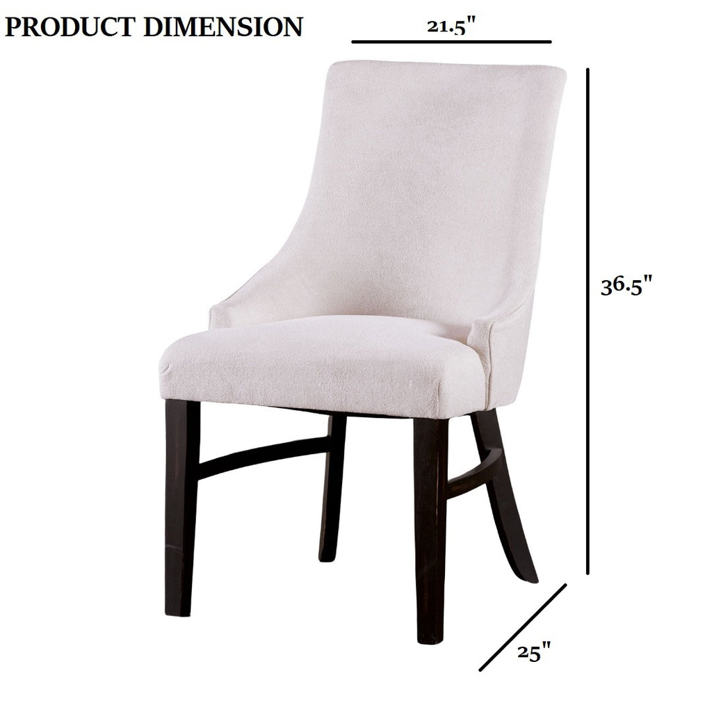 Transitional dining arm chair with dimensions 36.5H x 21.5W x 25D inches, featuring beige fabric and black wood finish.