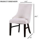 Transitional dining arm chair with dimensions 36.5H x 21.5W x 25D inches, featuring beige fabric and black wood finish.