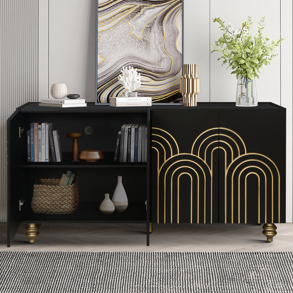 Modern Fluted Sideboard Buffet with Storage, Curve Element with Strict Lines, Black MDF 4-Door Cabinet