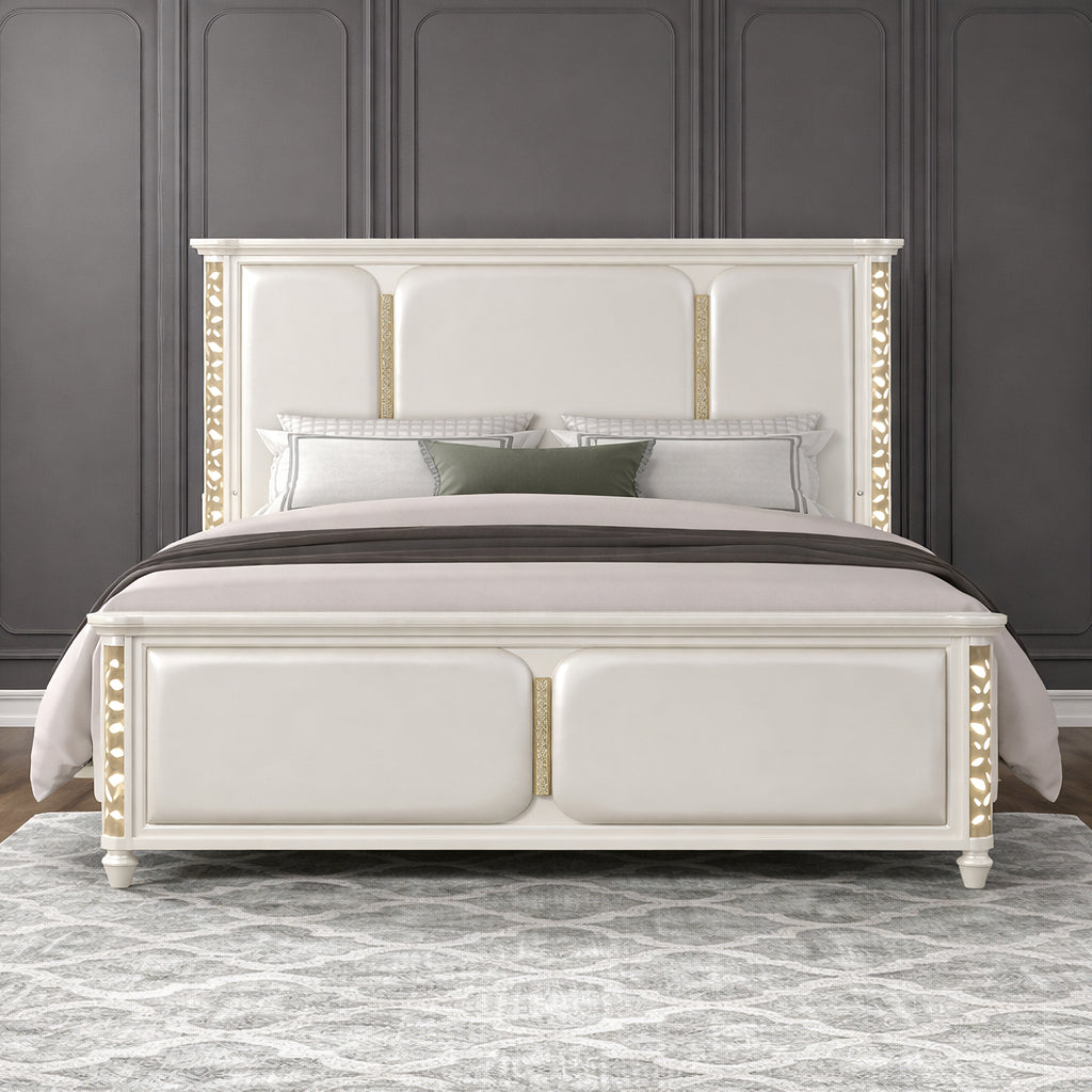 Cinderella Beige Queen Upholstered Bed with LED and Gold Accents