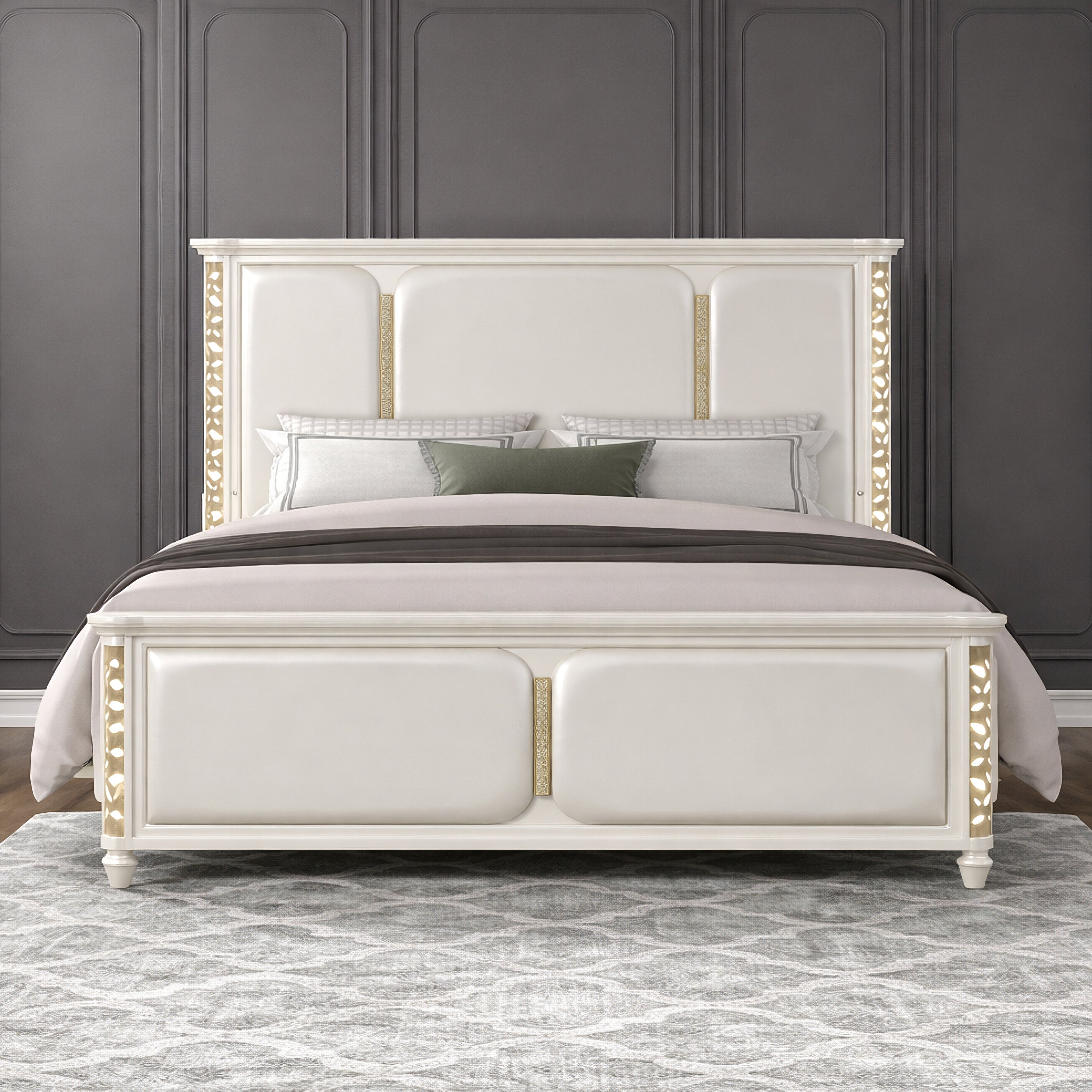 Cinderella Beige Queen Upholstered Bed with LED and Gold Accents